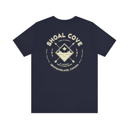 Shoal Cove, Newfoundland.  Canada. Cream on Navy, Gender Neutral, T-shirt, Designed by Small Town Rag.-SMALL TOWN RAG