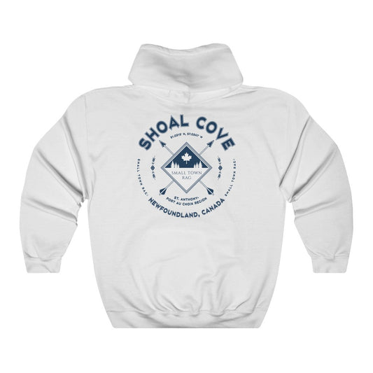 Shoal Cove, Newfoundland.  Canada.  Navy on White, Pull-over Hoodie, Hooded Sweater Shirt, Gender Neutral.-SMALL TOWN RAG