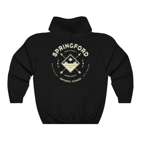 Springford, Ontario.  Canada.  Cream on Black, Pull-over Hoodie, Hooded Sweater Shirt, Gender Neutral.-SMALL TOWN RAG