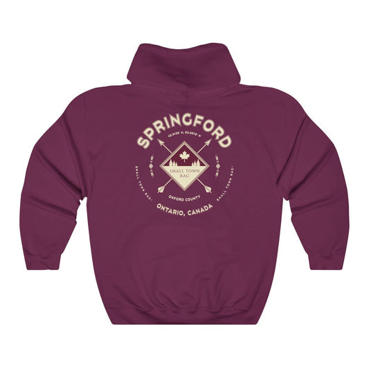 Springford, Ontario.  Canada.  Cream on Maroon, Pull-over Hoodie, Hooded Sweater Shirt, Gender Neutral.-SMALL TOWN RAG