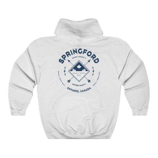 Springford, Ontario.  Canada.  Navy on White, Pull-over Hoodie, Hooded Sweater Shirt, Gender Neutral.-SMALL TOWN RAG