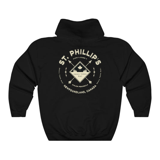 St. Phillip's, Newfoundland.  Canada.  Cream on Black, Pull-over Hoodie, Hooded Sweater Shirt, Gender Neutral.-SMALL TOWN RAG