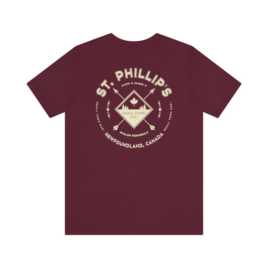 St. Phillip's, Newfoundland.  Canada. Cream on Maroon, Gender Neutral, T-shirt, Designed by Small Town Rag.-SMALL TOWN RAG