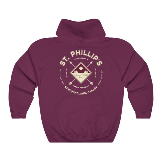 St. Phillip's, Newfoundland.  Canada.  Cream on Maroon, Pull-over Hoodie, Hooded Sweater Shirt, Gender Neutral.-SMALL TOWN RAG