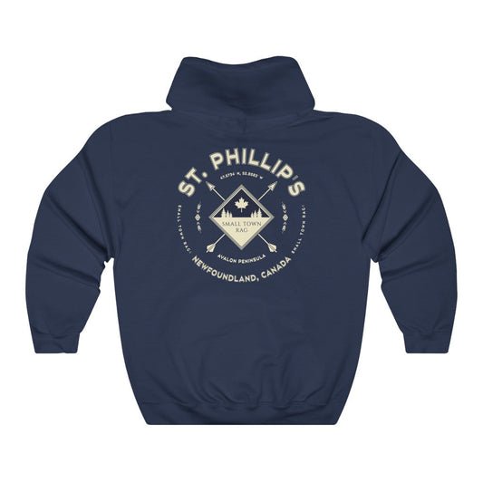 St. Phillip's, Newfoundland.  Canada.  Cream on Navy, Pull-over Hoodie, Hooded Sweater Shirt, Gender Neutral.-SMALL TOWN RAG