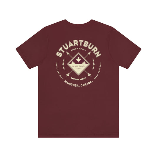 Stuartburn, Manitoba.  Canada. Cream on Maroon, Gender Neutral, T-shirt, Designed by Small Town Rag.-SMALL TOWN RAG