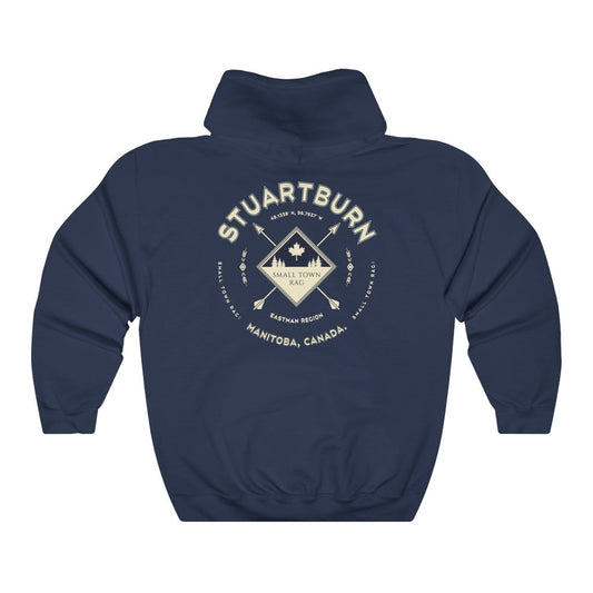 Stuartburn, Manitoba.  Canada.  Cream on Navy, Pull-over Hoodie, Hooded Sweater Shirt, Gender Neutral.-SMALL TOWN RAG
