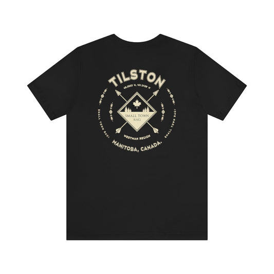 Tilston, Manitoba.  Canada.  Cream on Black, Gender Neutral, T-shirt, Designed by Small Town Rag.