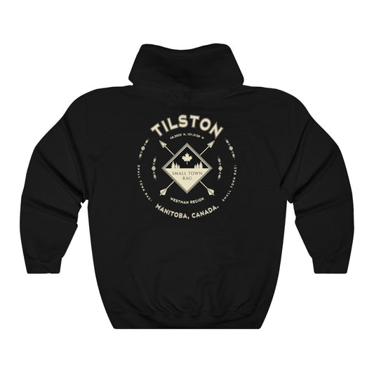 Tilston, Manitoba.  Canada.  Cream on Black, Pull-over Hoodie, Hooded Sweater Shirt, Gender Neutral.