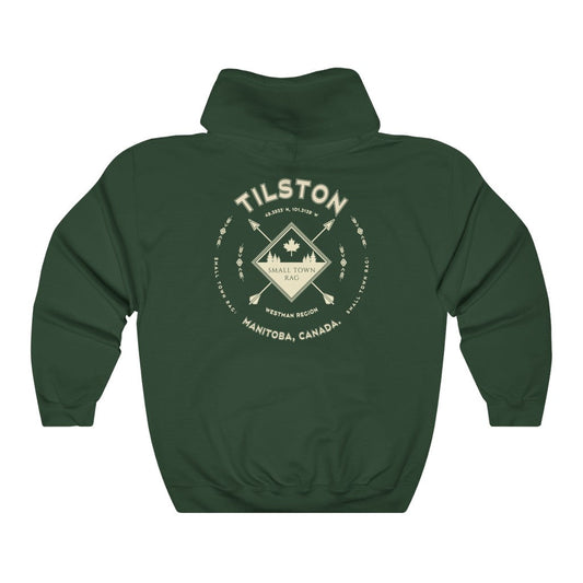Tilston, Manitoba.  Canada.  Cream on Forest Green, Pull-over Hoodie, Hooded Sweater Shirt, Gender Neutral.