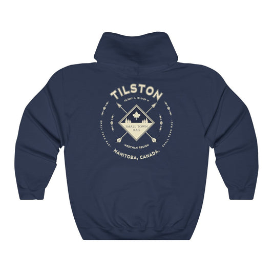 Tilston, Manitoba.  Canada.  Cream on Navy, Pull-over Hoodie, Hooded Sweater Shirt, Gender Neutral.