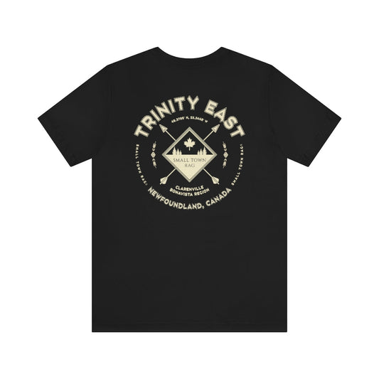 Trinity East, Newfoundland.  Canada. Cream on Black, Gender Neutral, T-shirt, Designed by Small Town Rag.-SMALL TOWN RAG