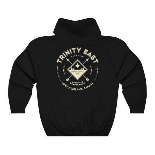 Trinity East, Newfoundland.  Canada.  Cream on Black, Pull-over Hoodie, Hooded Sweater Shirt, Gender Neutral.-SMALL TOWN RAG