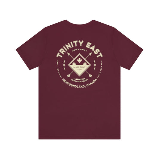 Trinity East, Newfoundland.  Canada. Cream on Maroon, Gender Neutral, T-shirt, Designed by Small Town Rag.-SMALL TOWN RAG