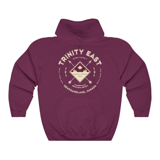 Trinity East, Newfoundland.  Canada.  Cream on Maroon, Pull-over Hoodie, Hooded Sweater Shirt, Gender Neutral.-SMALL TOWN RAG