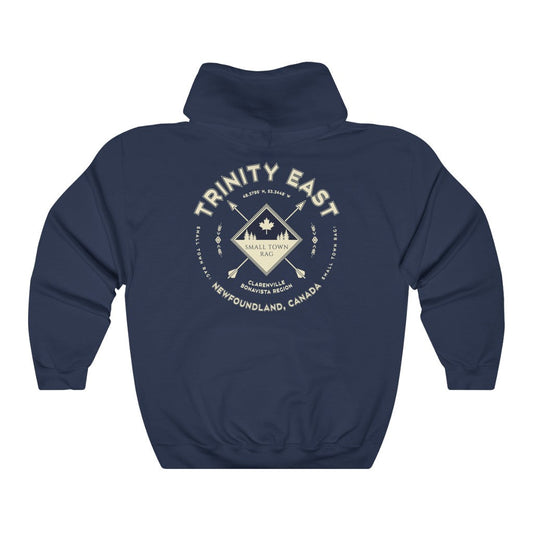 Trinity East, Newfoundland.  Canada.  Cream on Navy, Pull-over Hoodie, Hooded Sweater Shirt, Gender Neutral.-SMALL TOWN RAG