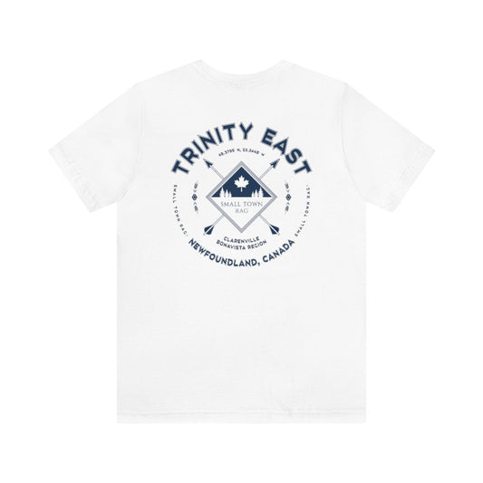 Trinity East, Newfoundland.  Canada. Navy on White, Gender Neutral, T-shirt, Designed by Small Town Rag.-SMALL TOWN RAG