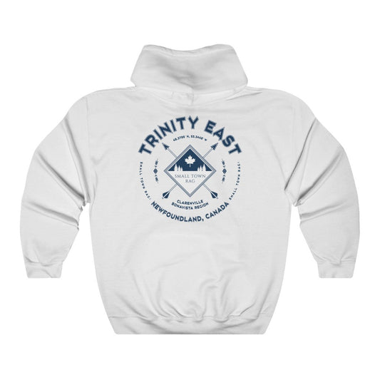 Trinity East, Newfoundland.  Canada.  Navy on White, Pull-over Hoodie, Hooded Sweater Shirt, Gender Neutral.-SMALL TOWN RAG