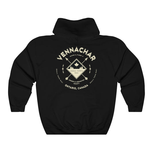 Vennachar, Ontario.  Cream on Black, Pull-over Hoodie, Hooded Sweater Shirt, Gender Neutral-SMALL TOWN RAG
