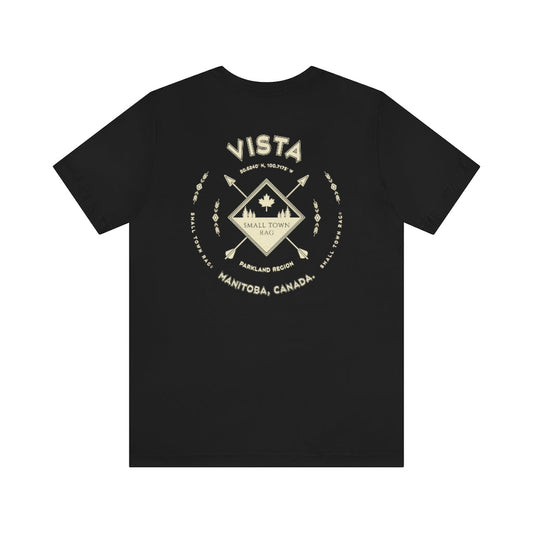 Vista, Manitoba.  Canada.  Cream on Black, Gender Neutral, T-shirt, Designed by Small Town Rag.