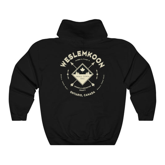 Weslemkoon, Ontario.  Cream on Black, Pull-over Hoodie, Hooded Sweater Shirt, Gender Neutral-SMALL TOWN RAG