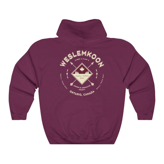 Weslemkoon, Ontario.  Cream on Maroon, Pull-over Hoodie, Hooded Sweater Shirt, Gender Neutral-SMALL TOWN RAG