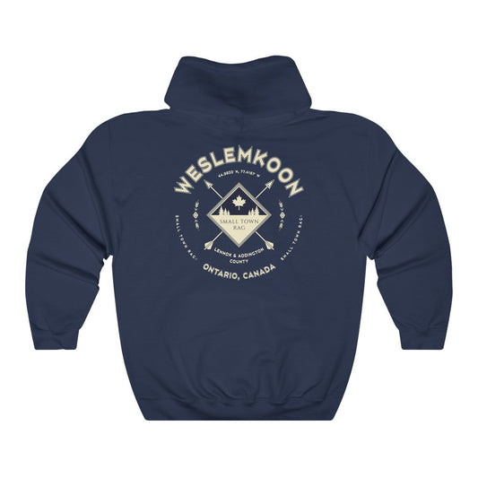 Weslemkoon, Ontario.  Cream on Navy, Pull-over Hoodie, Hooded Sweater Shirt, Gender Neutral-SMALL TOWN RAG
