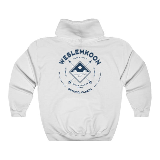 Weslemkoon, Ontario.  Navy on White, Pull-over Hoodie, Hooded Sweater Shirt, Gender Neutral-SMALL TOWN RAG