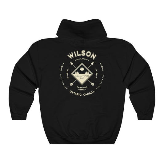 Wilson, Ontario.  Canada.  Cream on Black, Pull-over Hoodie, Hooded Sweater Shirt, Gender Neutral.-SMALL TOWN RAG