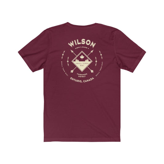 Wilson, Ontario.  Canada. Cream on Maroon, Gender Neutral, T-shirt, Designed by Small Town Rag.-SMALL TOWN RAG