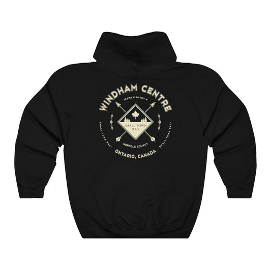 Windham Centre, Ontario.  Canada.  Cream on Black, Pull-over Hoodie, Hooded Sweater Shirt, Gender Neutral.-SMALL TOWN RAG