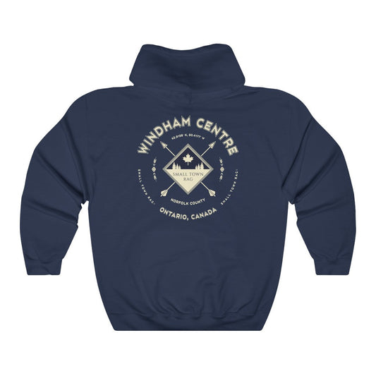 Windham Centre, Ontario.  Canada.  Cream on Navy, Pull-over Hoodie, Hooded Sweater Shirt, Gender Neutral.-SMALL TOWN RAG