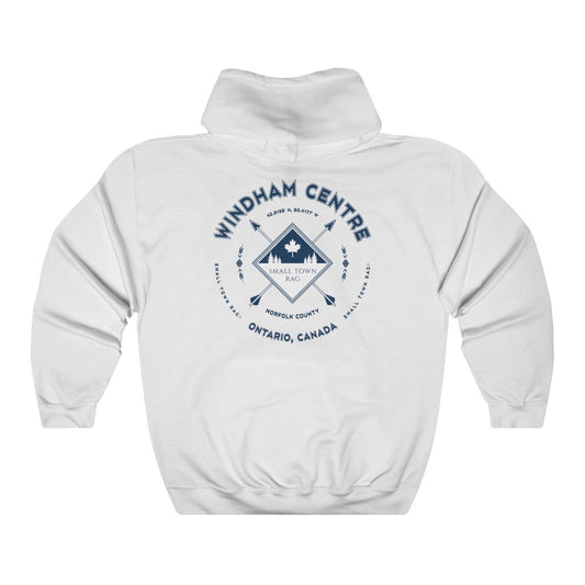 Windham Centre, Ontario.  Canada.  Navy on White, Pull-over Hoodie, Hooded Sweater Shirt, Gender Neutral.-SMALL TOWN RAG