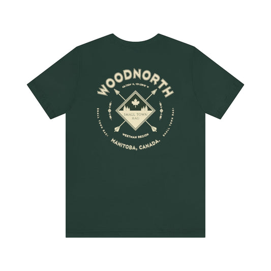 Woodnorth, Manitoba.  Canada.  Cream on Forest Green, Gender Neutral, T-shirt, Designed by Small Town Rag.