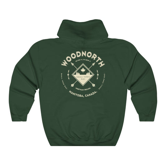 Woodnorth, Manitoba.  Canada.  Cream on Forest Green, Pull-over Hoodie, Hooded Sweater Shirt, Gender Neutral.