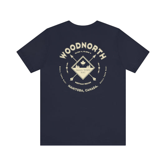Woodnorth, Manitoba.  Canada.  Cream on Navy, Gender Neutral, T-shirt, Designed by Small Town Rag.