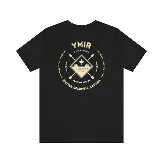 Ymir, British Columbia.  Canada. Cream on Black, Gender Neutral, T-shirt, Designed by Small Town Rag.-SMALL TOWN RAG