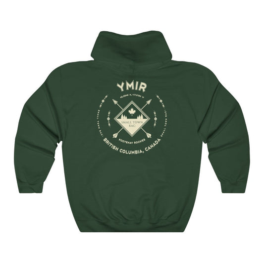 Ymir, British Columbia.  Canada.  Cream on Forest Green, Pull-over Hoodie, Hooded Sweater Shirt, Gender Neutral.-SMALL TOWN RAG