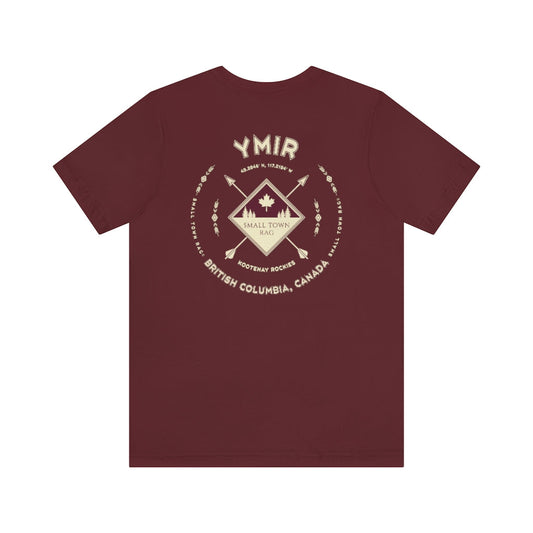 Ymir, British Columbia.  Canada. Cream on Maroon, Gender Neutral, T-shirt, Designed by Small Town Rag.-SMALL TOWN RAG