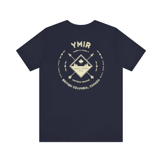 Ymir, British Columbia.  Canada. Cream on Navy, Gender Neutral, T-shirt, Designed by Small Town Rag.-SMALL TOWN RAG