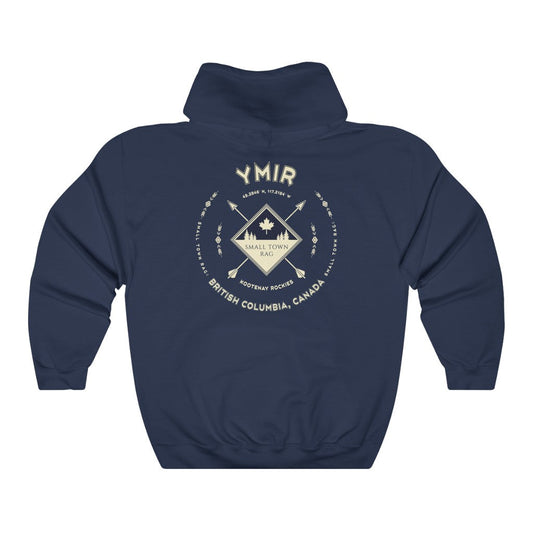 Ymir, British Columbia.  Canada.  Cream on Navy, Pull-over Hoodie, Hooded Sweater Shirt, Gender Neutral.-SMALL TOWN RAG