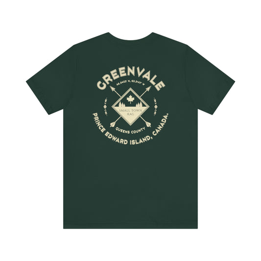 Greenvale, Prince Edward Island.  Canada.  T-shirt, Cream on Forest Green, Gender Neutral.