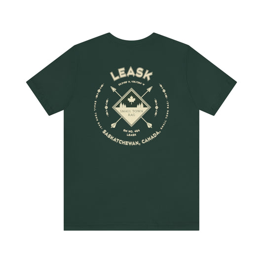 Leask, Saskatchewan.  Canada.  Cream on Forest Green, Gender Neutral, T-shirt, Designed by Small Town Rag.