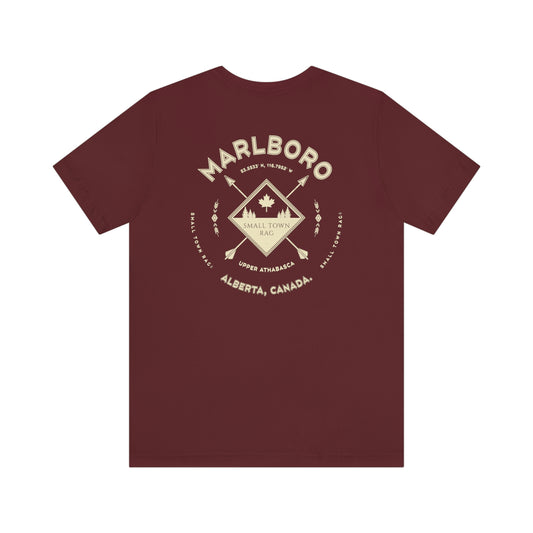 Marlboro, Alberta.  Canada.  Cream on Maroon, Gender Neutral, T-shirt, Designed by Small Town Rag.