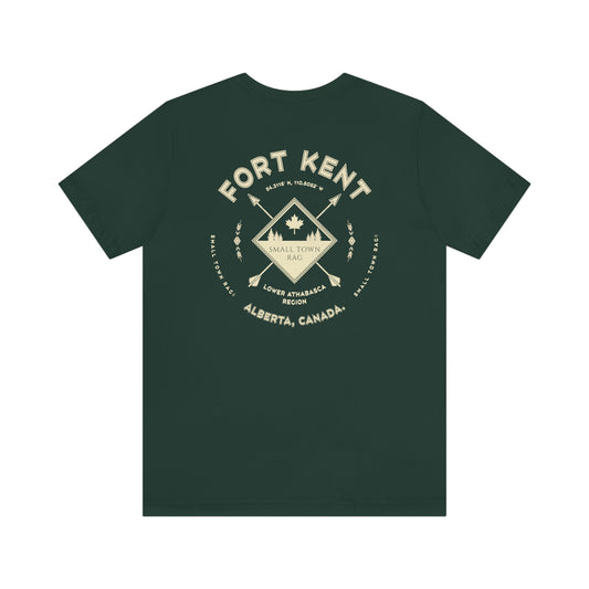 Fort Kent, Alberta.  Canada.  Cream on Forest Green, Gender Neutral, T-shirt, Designed by Small Town Rag.