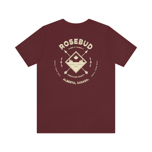 Rosebud, Alberta.  Canada.  Cream on Maroon, Gender Neutral, T-shirt, Designed by Small Town Rag.