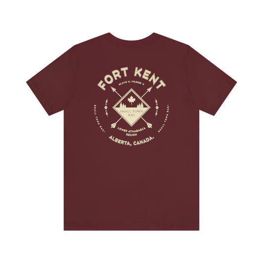 Fort Kent, Alberta.  Canada.  Cream on Maroon, Gender Neutral, T-shirt, Designed by Small Town Rag.