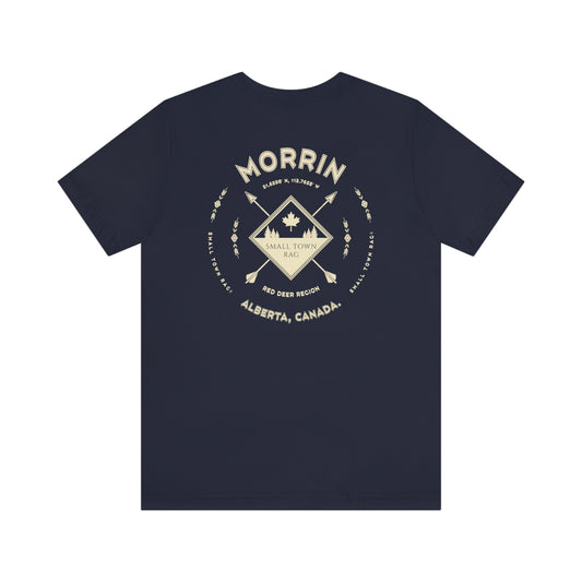Morrin, Alberta.  Canada.  Cream on Navy, Gender Neutral, T-shirt, Designed by Small Town Rag.