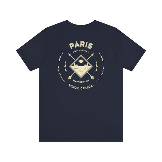 Paris, Yukon.  Canada.  Cream on Navy, Gender Neutral, T-shirt, Designed by Small Town Rag.