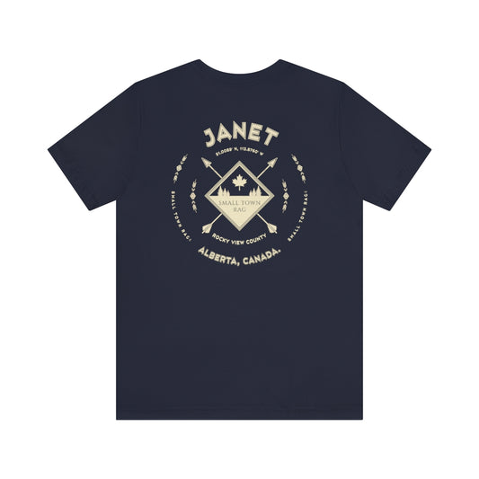Janet, Alberta.  Canada.  Cream on Navy, Gender Neutral, T-shirt, Designed by Small Town Rag.